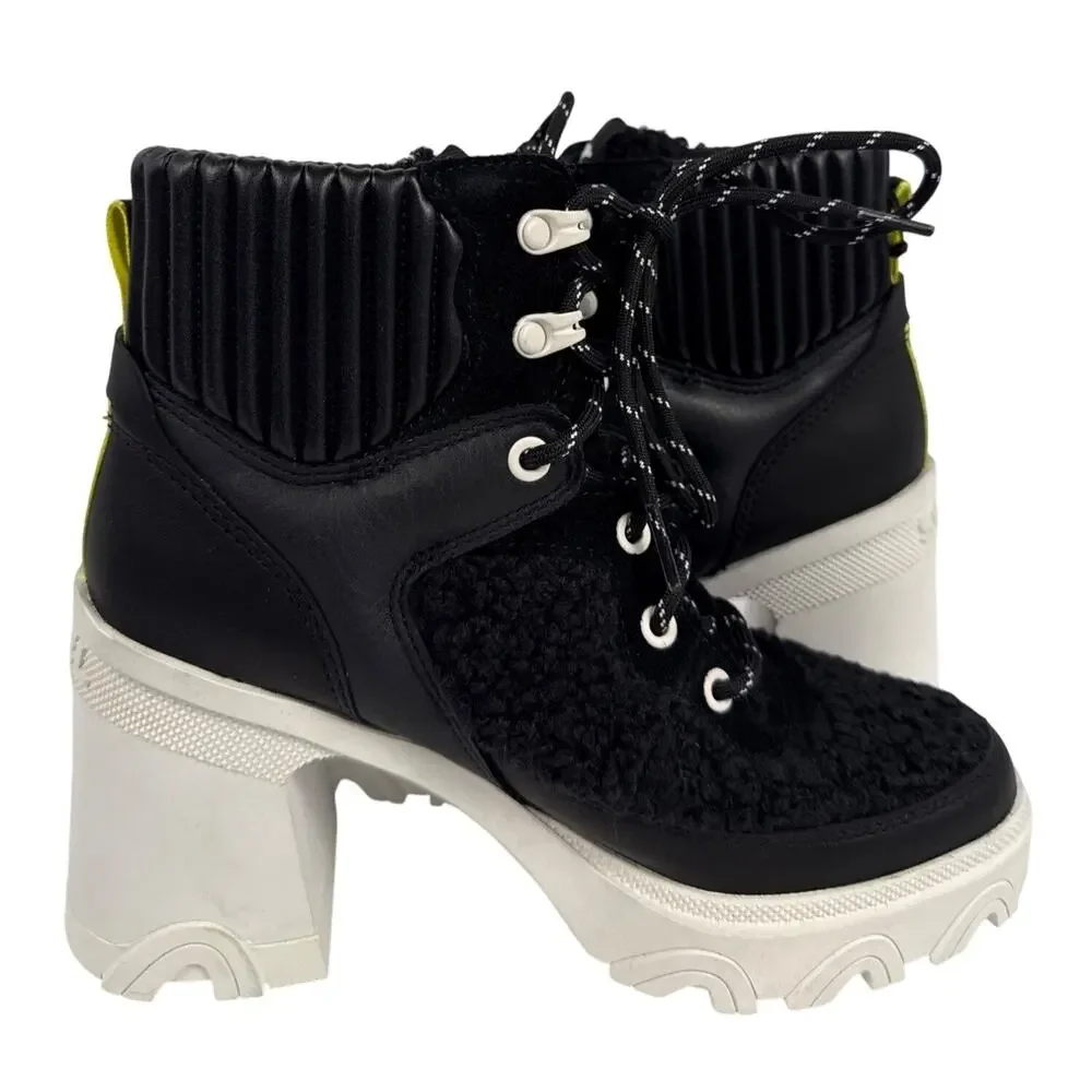 Sorel Brex‎ Heel Cozy Lace Bootie Womens 6.5 Black Leather Faux Shearling